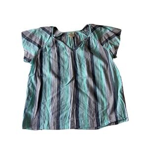 St Johns Bay PetiteXL Blouse Teal Navy White Striped Split V-Neck Cotton Rayon